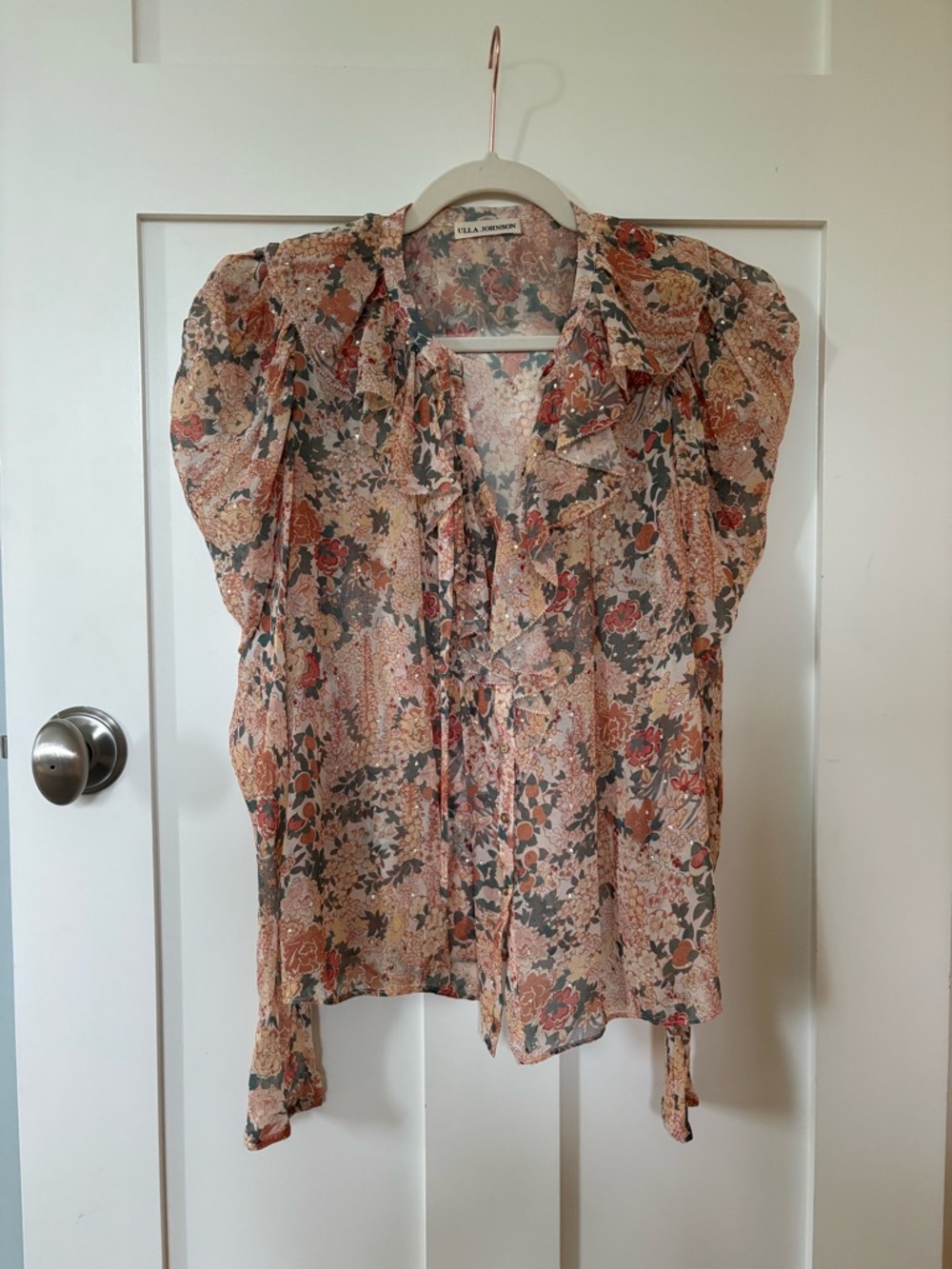 Ulla Johnson Adela Blouse Floral Puff-Sleeve in Coral SZ 6